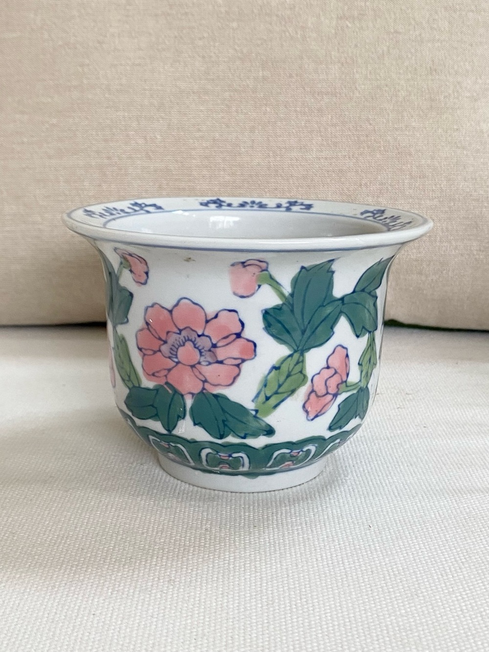 VTG Chinese Porcelain Chinoiserie Jardiniere Planter Pot Pink Flowers Green Blue